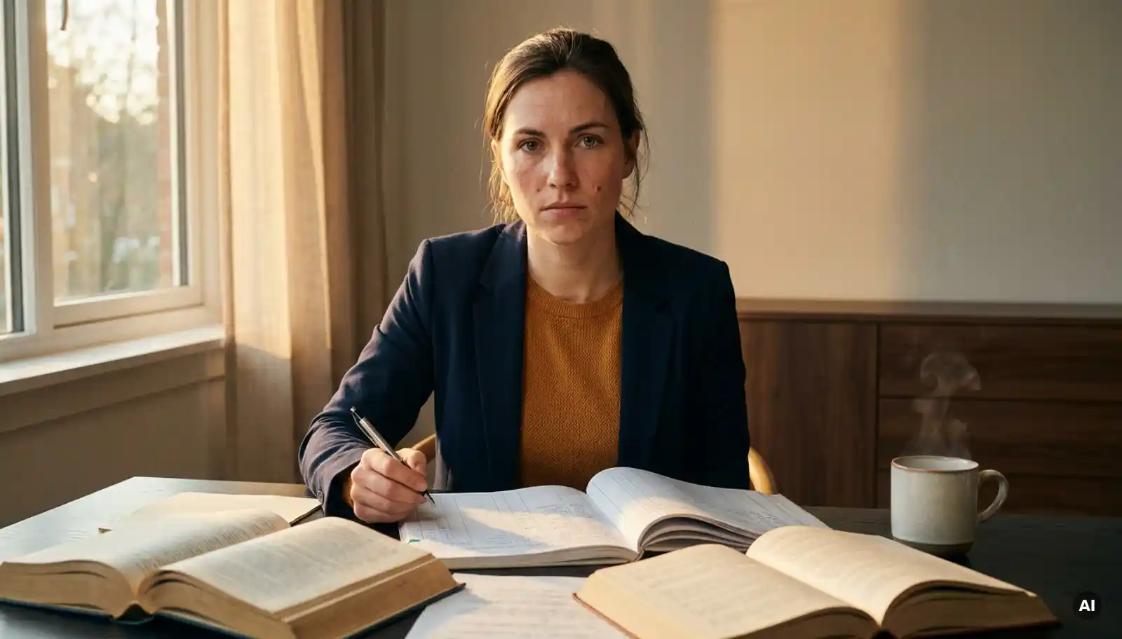 Junge Frau studiert Finanzbücher und Lehrmaterial an modernem Schreibtisch mit Kaffeetasse im warmen Morgenlicht.