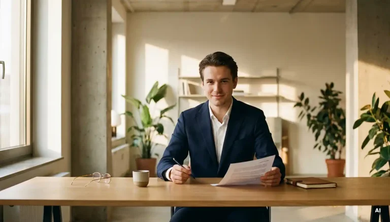 Junge Fachkraft im Blazer prüft Gehaltsverhandlungsangebot am modernen Schreibtisch, Stift in der Hand, Berliner Büroambiente.