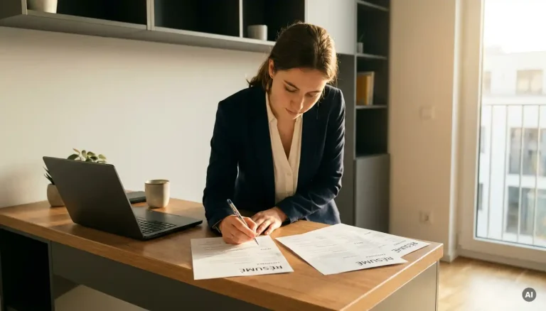 Junge Frau überarbeitet handschriftlich ihren Lebenslauf am modernen Schreibtisch mit Laptop, warmes Nachmittagslicht.