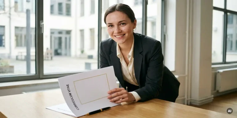 Junge Berufseinsteigerin prüft ihren Lebenslauf am Schreibtisch in einem modernen Berliner Büro mit natürlichem Licht.