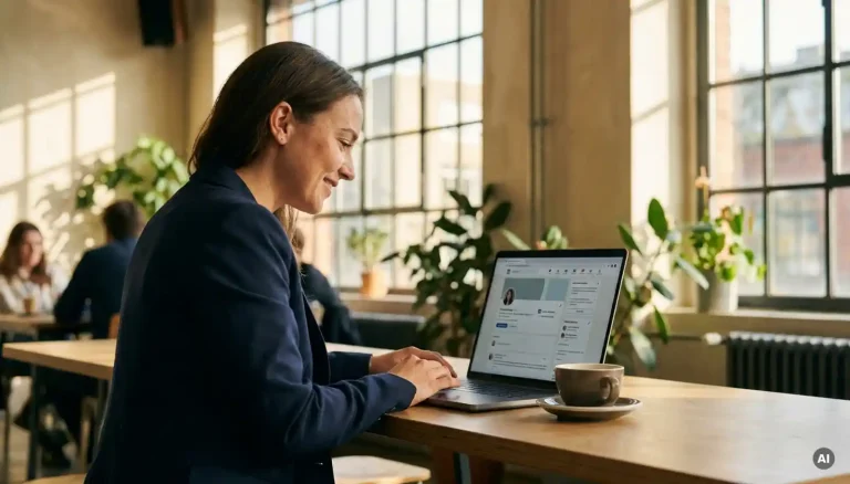 Junge Frau im Blazer optimiert ihr LinkedIn-Profil am Laptop in einem Berliner Café bei natürlichem Tageslicht.