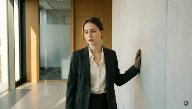 Junge Frau im Blazer hält nachdenklich inne in modernem Büroflur, warmes Fensterlicht, ruhige Atmosphäre.