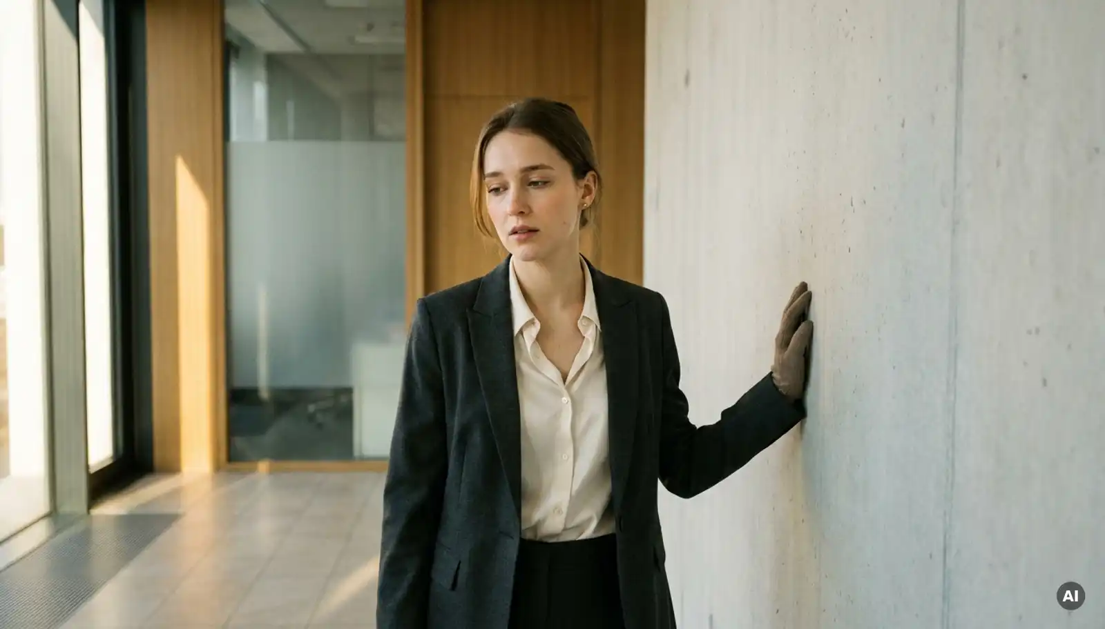 Junge Frau im Blazer hält nachdenklich inne in modernem Büroflur, warmes Fensterlicht, ruhige Atmosphäre.
