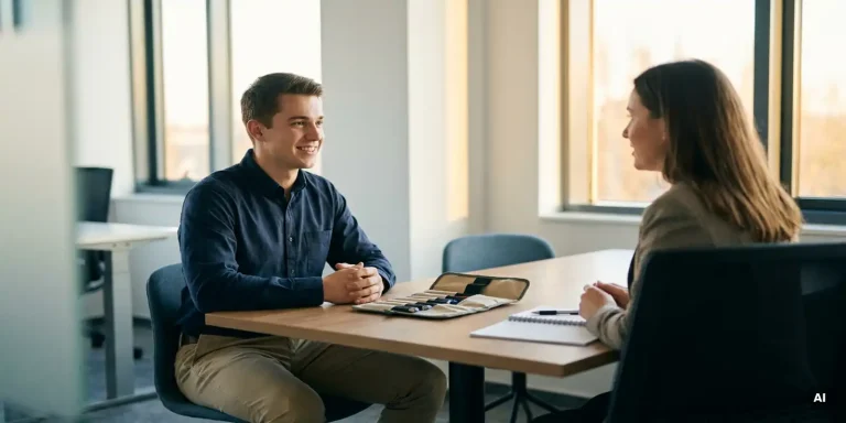Junger Servicetechniker im Vorstellungsgespräch mit Interviewer, Werkzeugkoffer und Notizblock auf dem Tisch, helles modernes Büro.