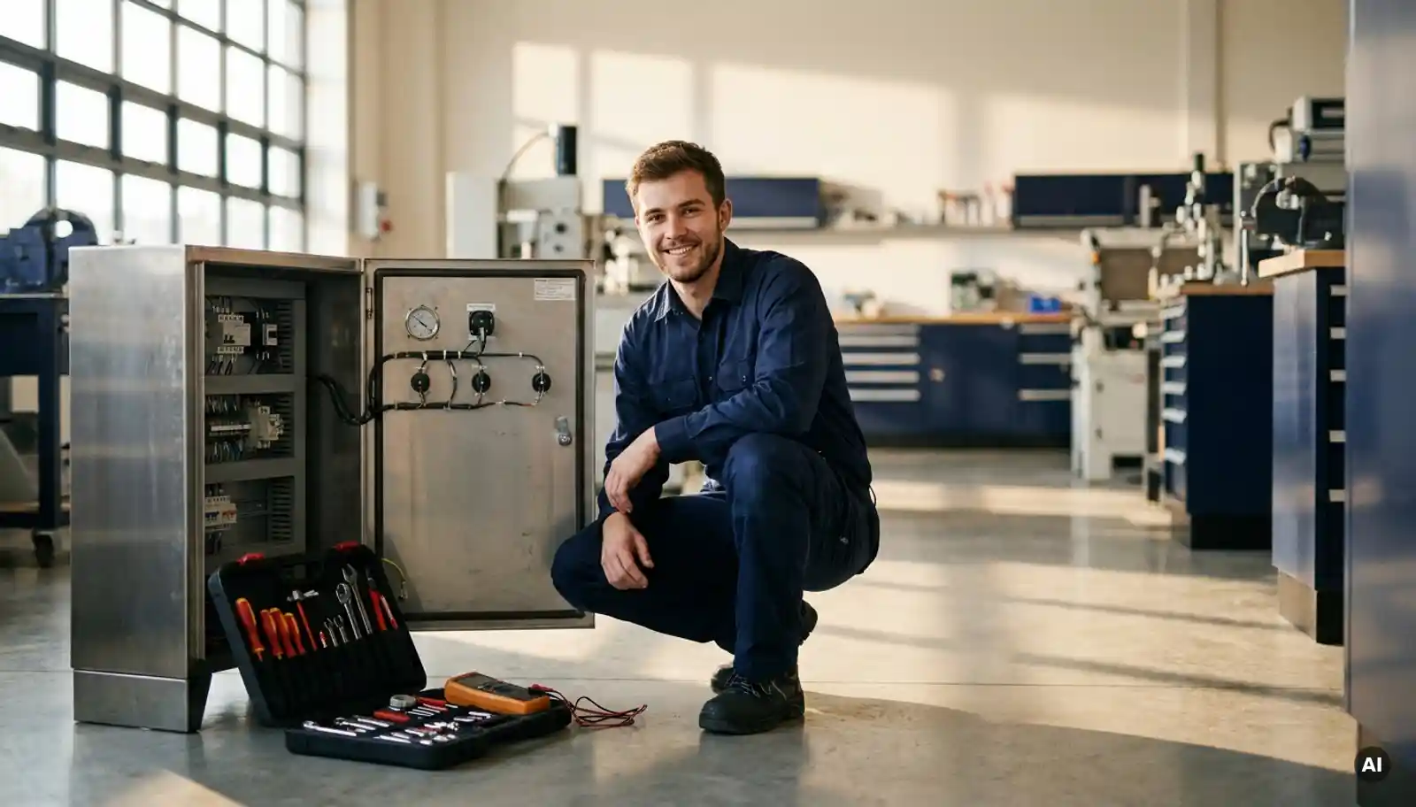 Junger Servicetechniker in Marineuniform kniet neben geöffnetem Industriemaschinenpanel mit ausgebreitetem Werkzeug auf Betonboden.