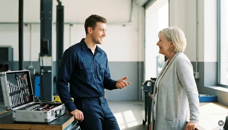 Junger Servicetechniker in Marineblau-Uniform im freundlichen Kundengespräch, offener Werkzeugkoffer in moderner Werkstatt.