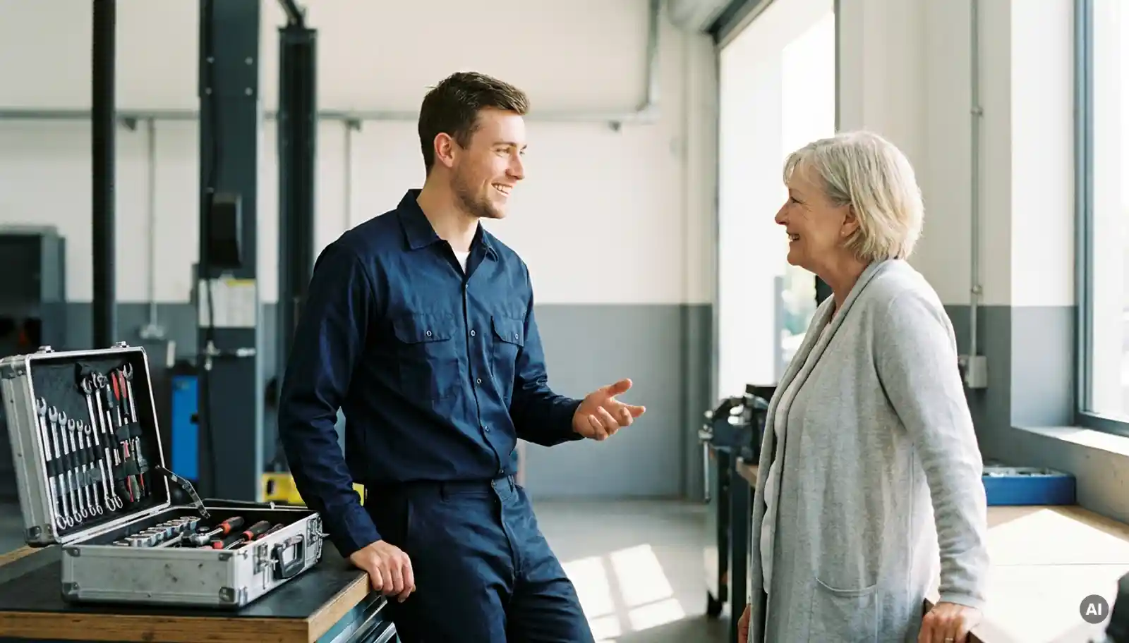 Junger Servicetechniker in Marineblau-Uniform im freundlichen Kundengespräch, offener Werkzeugkoffer in moderner Werkstatt.