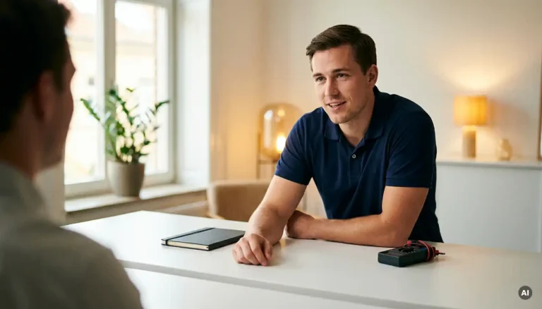Junger Servicetechniker im marineblauen Poloshirt lehnt aufmerksam über einen weißen Schreibtisch bei einem Vorstellungsgespräch.