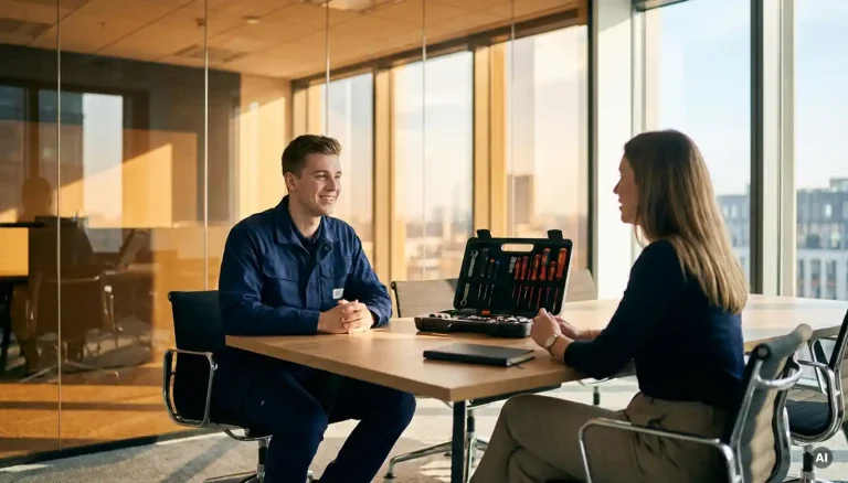 Junger Servicetechniker im Vorstellungsgespräch mit Interviewer, Werkzeugkoffer und Notizblock auf dem Tisch, helles modernes Büro.