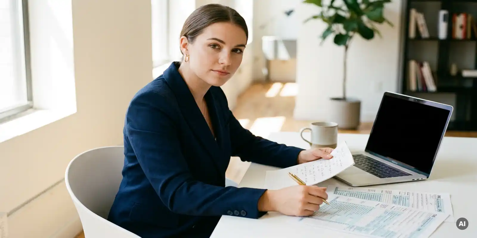 Junge Geschäftsfrau im Blazer prüft handschriftliche Notizen und Steuerdokumente am minimalistischen Schreibtisch mit Laptop.