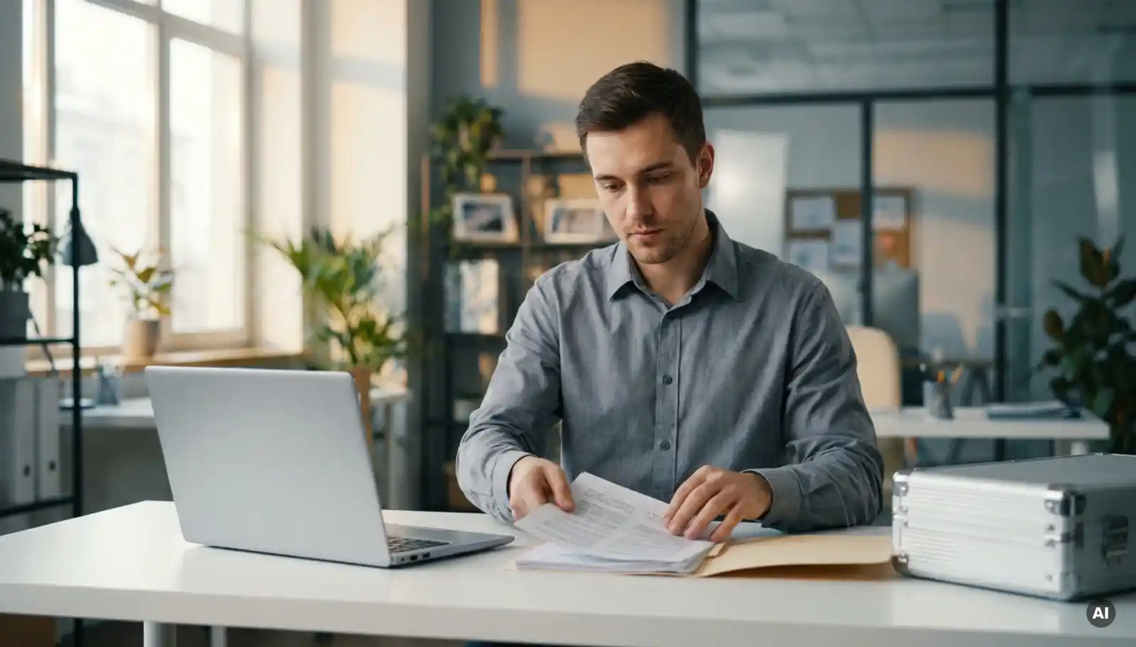 Junger Servicetechniker ordnet Dokumente und Laptop an modernem Schreibtisch neben einem Werkzeugkoffer.