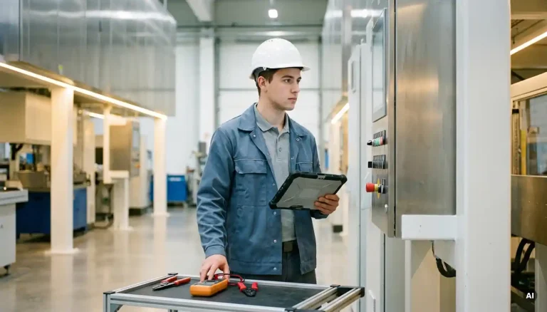 Junger Techniker untersucht industrielles Steuerungspanel mit Diagnosetablet in moderner Produktionsanlage.
