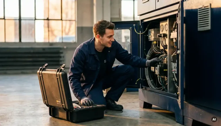 Junger Servicetechniker in marineblauer Arbeitsjacke kauert neben geöffnetem Industriegerät in moderner Fabrikhalle mit Werkzeugkoffer.