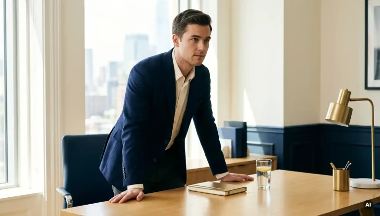 Junge Fachkraft im Blazer lehnt selbstbewusst über modernem Schreibtisch bei Gehaltsverhandlung im hellen Büro.